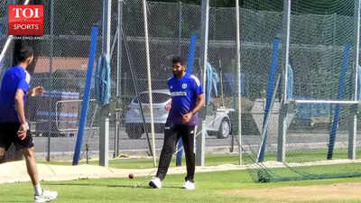 Jasprit Bumrah prepares to bowl in the nets.